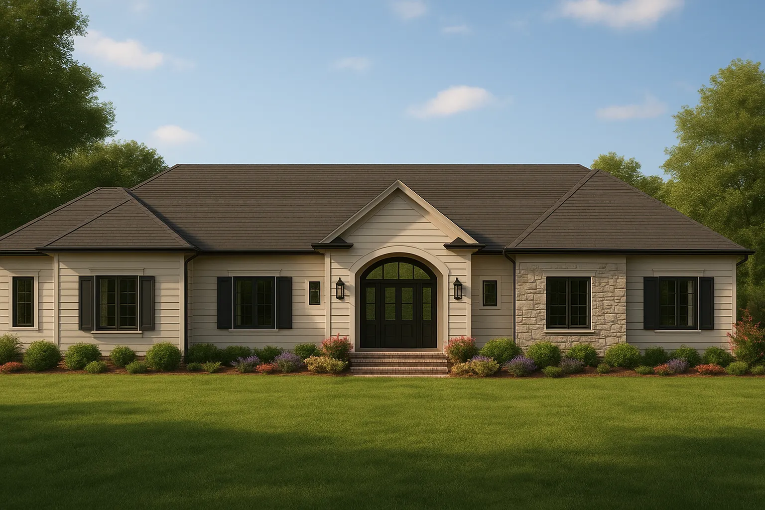 Front elevation of a Traditional Ranch style home featuring brick exterior, stone accents, symmetrical windows, and a centered arched entry