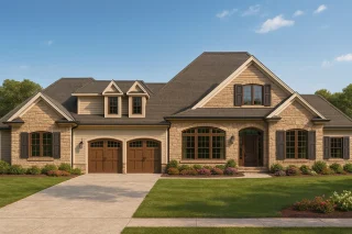 Front elevation of a Traditional Craftsman style home featuring stone veneer, horizontal siding, board-and-batten accents, and wood garage doors