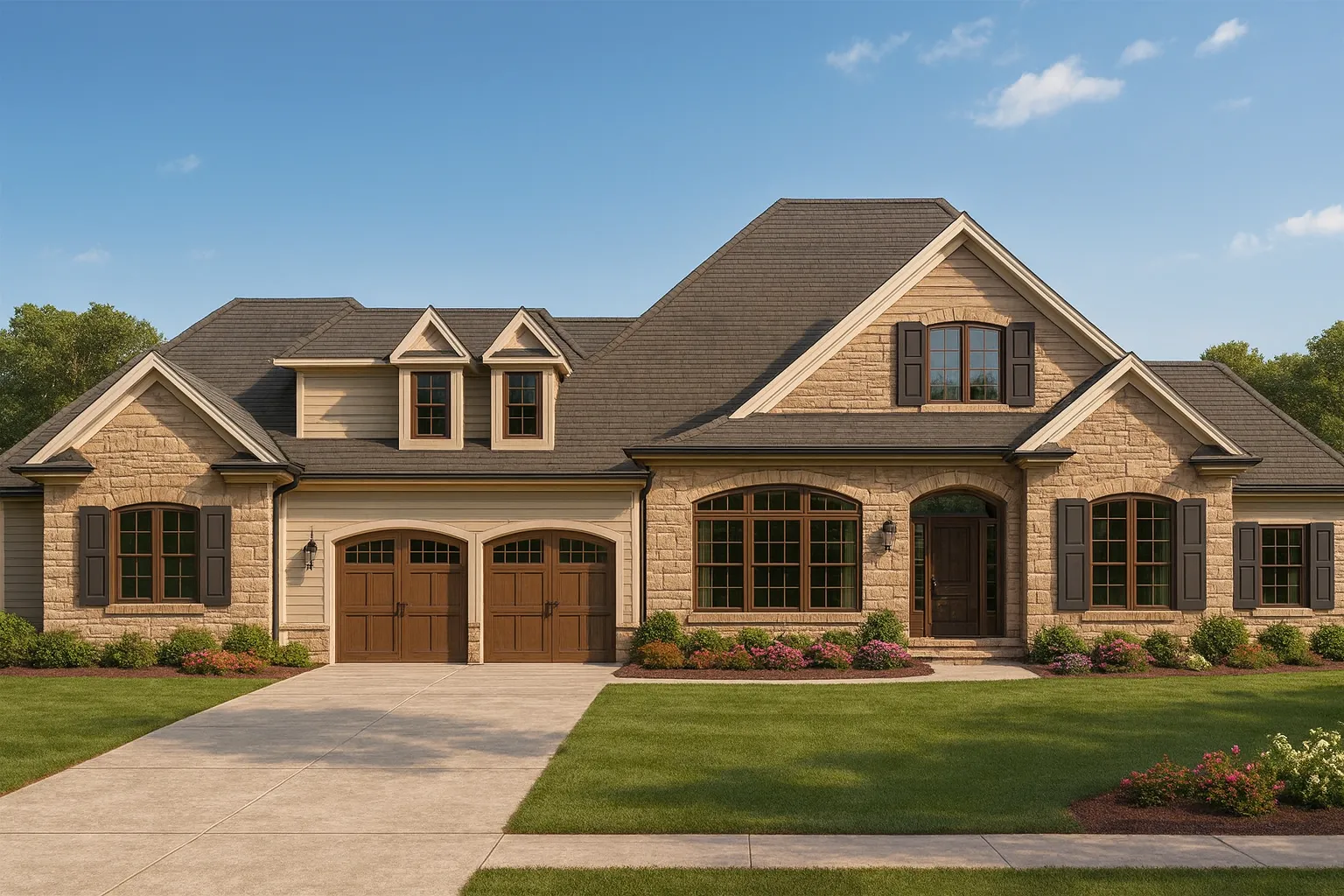 Front elevation of a Traditional Craftsman style home featuring stone veneer, horizontal siding, board-and-batten accents, and wood garage doors