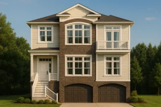Front elevation of a Traditional Suburban home featuring a brick lower level, horizontal siding upper levels, and symmetrical Neo-Colonial inspired architecture