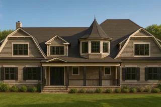 Front elevation of a Shingle Style house featuring Victorian tower detail, shingle siding, stone base, and symmetrical dormers