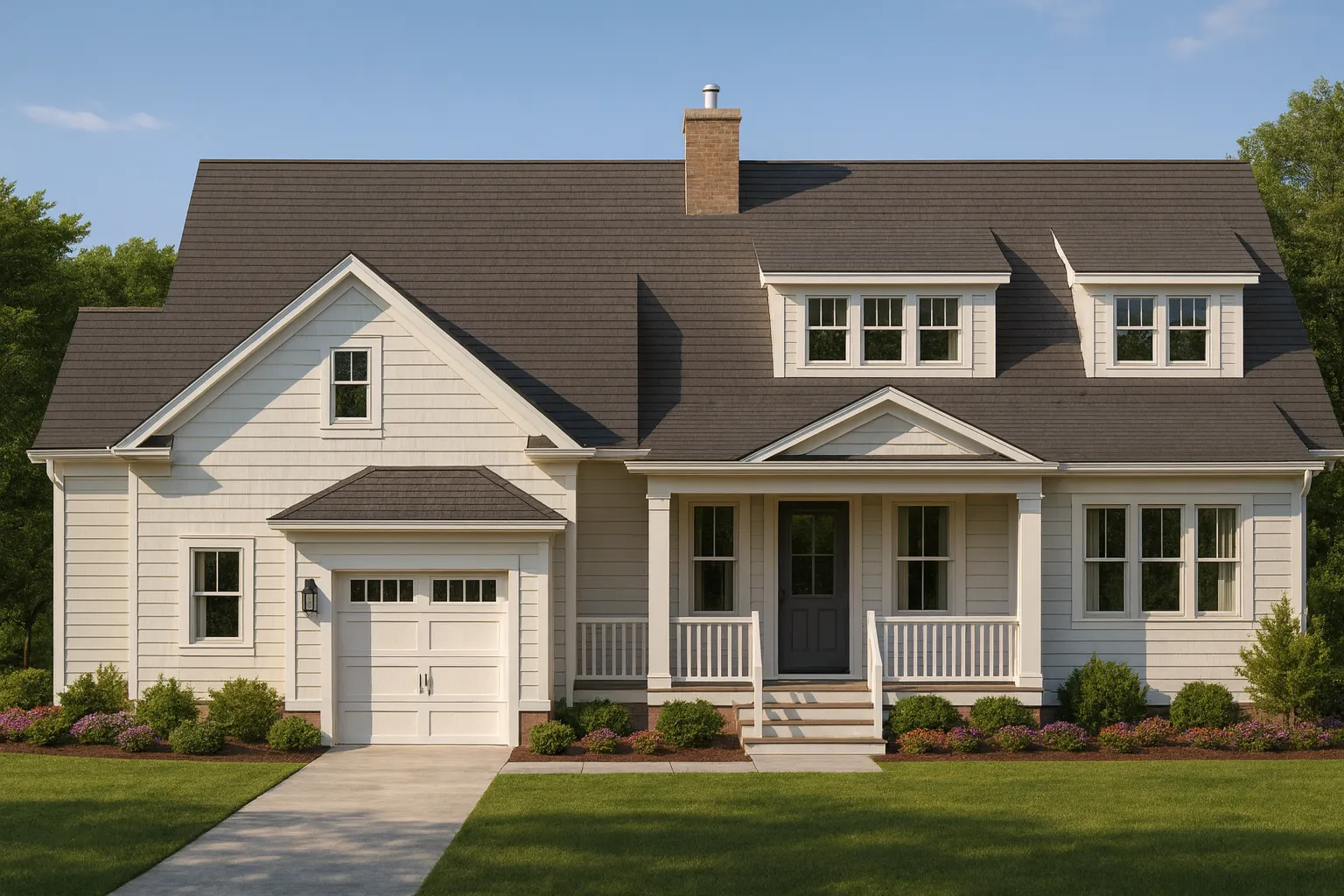 Front view of a Traditional Cape Cod style home featuring horizontal lap siding, gabled dormers, and a welcoming covered porch