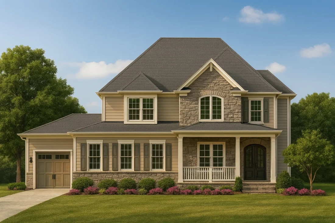 Front elevation of a Traditional Suburban style home featuring stone accents, horizontal siding, gabled rooflines, and a welcoming covered porch