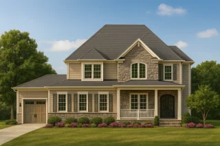 Front elevation of a Traditional Suburban style home featuring stone accents, horizontal siding, gabled rooflines, and a welcoming covered porch