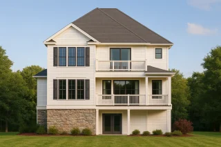 Front view of a New American Modern Traditional house featuring horizontal siding, stone veneer base, large windows, and covered balconies