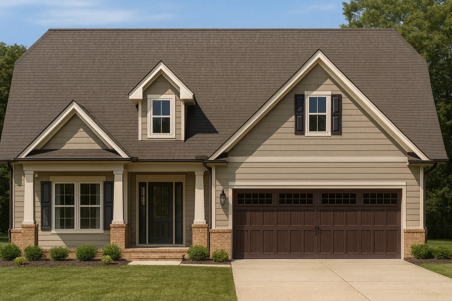 Front elevation of a Cape Cod Traditional style home with horizontal lap siding, brick accents, dormer windows, and a two-car garage