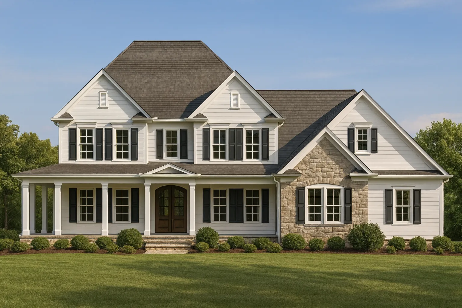 Front elevation of a Traditional Colonial home featuring horizontal siding, board-and-batten gables, and stone veneer accents