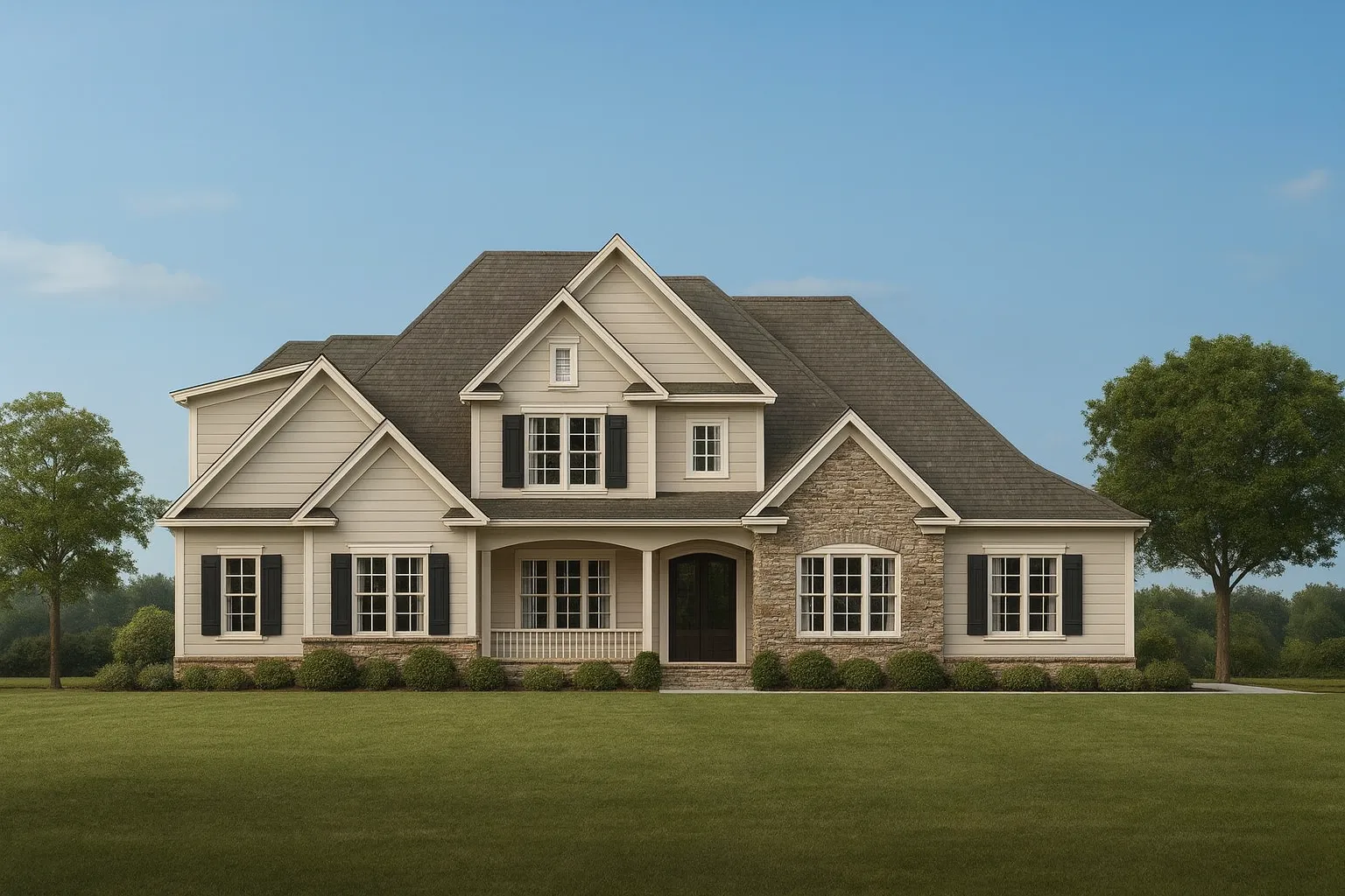 Front elevation of a Traditional Suburban style home featuring stone accents, board-and-batten detailing, and classic horizontal siding