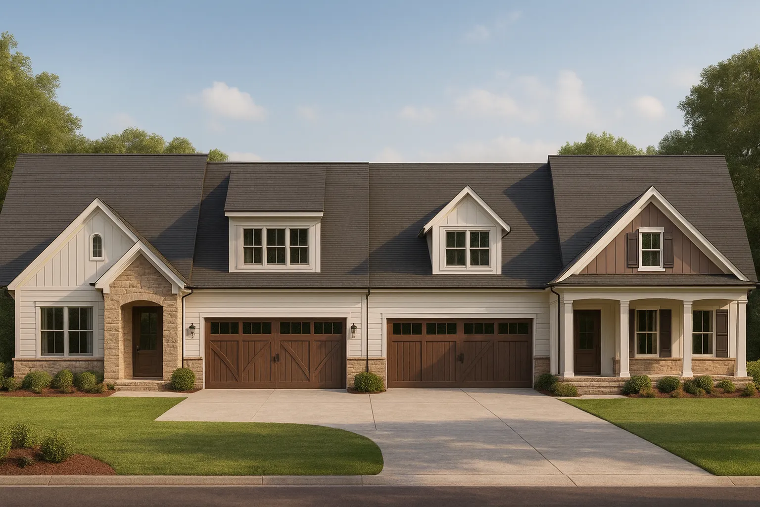 Front elevation of a Modern Farmhouse home featuring board and batten siding, stone accents, and triple garage design
