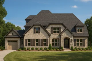 Split Garage House Plans 9 Front elevation of a French Country style house featuring stone exterior, dark trim accents, and steep gabled rooflines