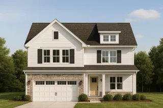 Front elevation of a Modern Farmhouse suburban home with board-and-batten siding, horizontal siding, and stone accents