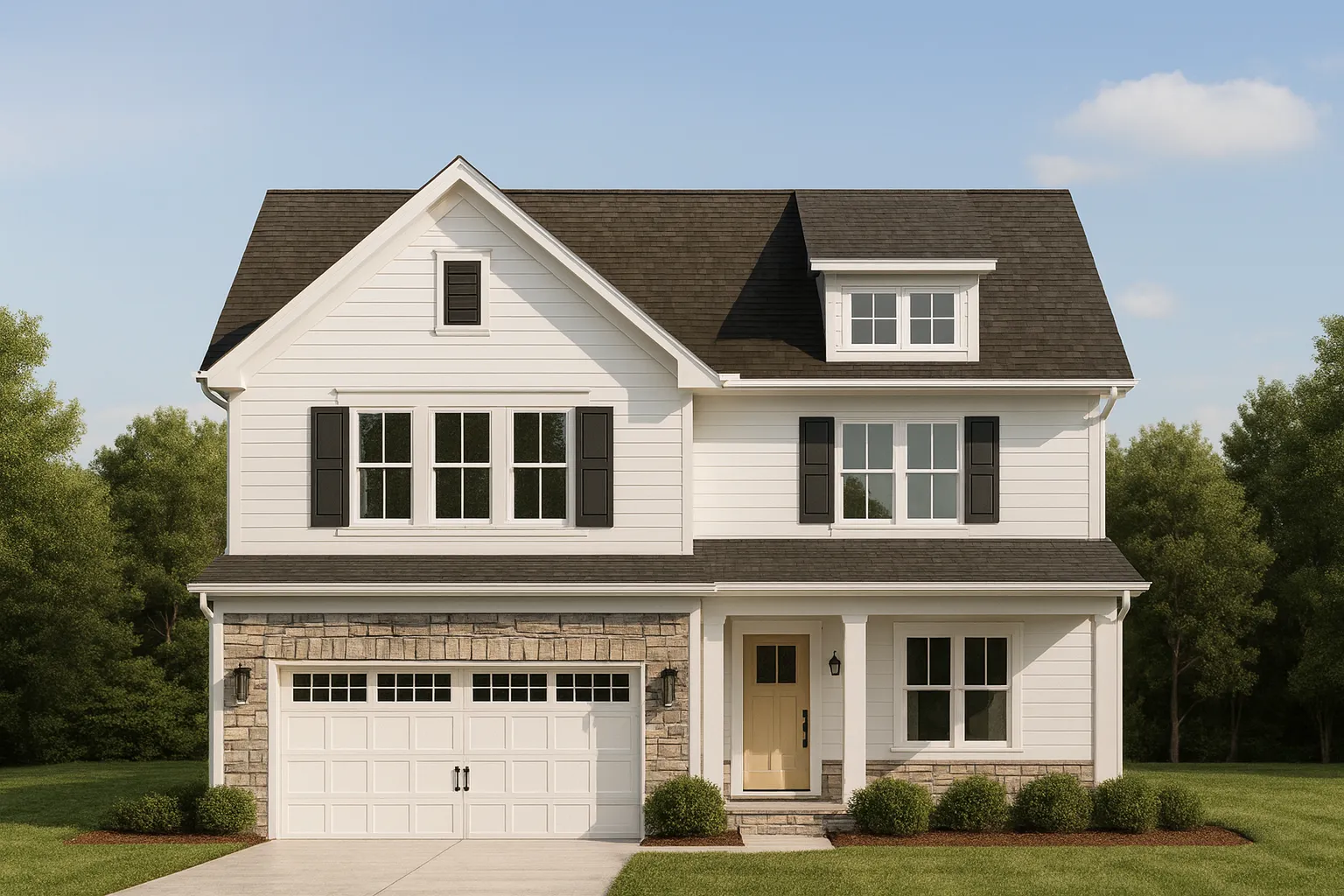 Front elevation of a Modern Farmhouse suburban home with board-and-batten siding, horizontal siding, and stone accents