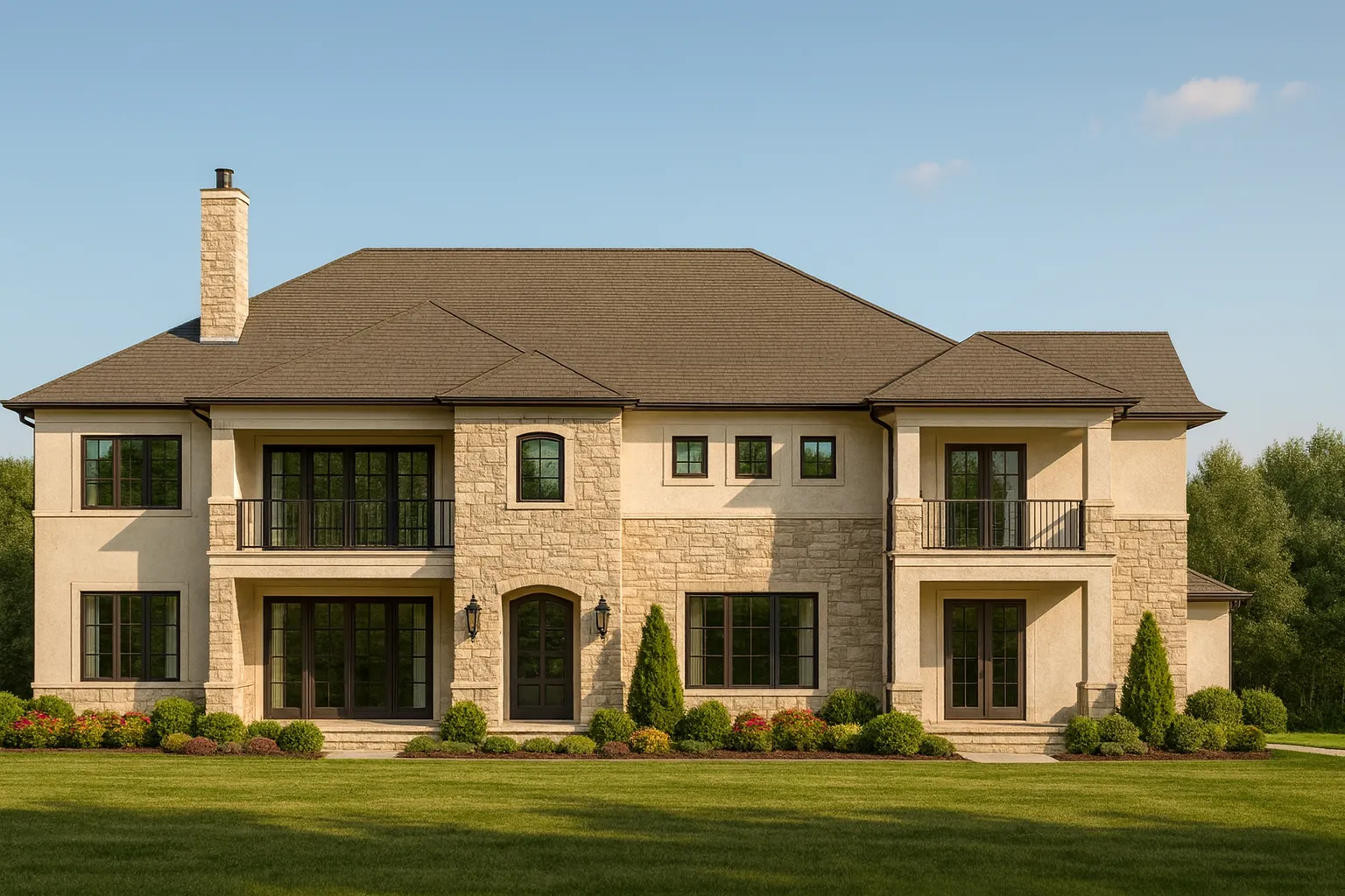 Front view of a Transitional European home featuring a blend of stucco and stone, symmetrical façade, elegant balconies, and refined architectural detailing