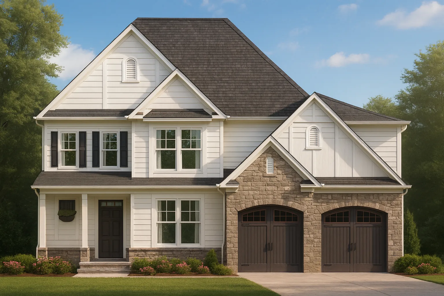 Front elevation of a New American style two-story house featuring board-and-batten siding, horizontal lap siding, stone veneer accents, and a symmetrical suburban design