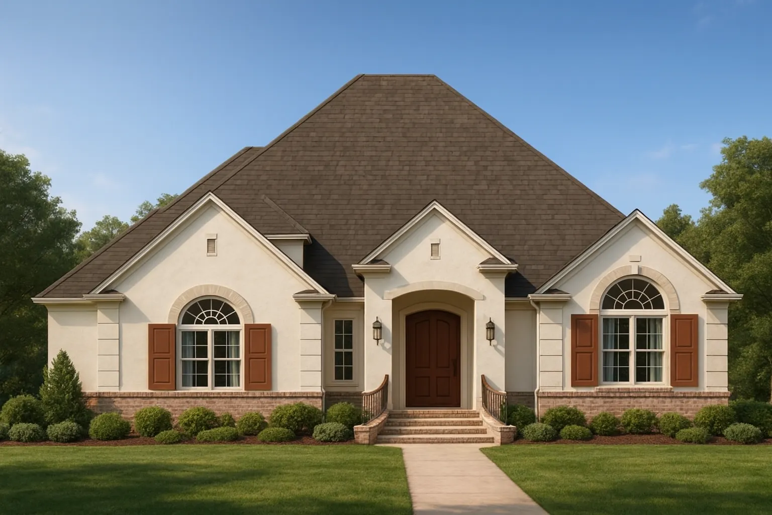 Front elevation of a Traditional New American house with brick water table, smooth stucco walls, arched windows, shutters, and a centered entry