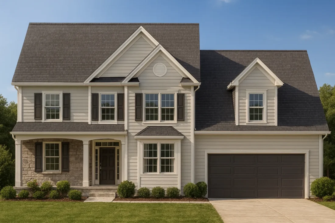 Front elevation of a Traditional Colonial New American style home featuring horizontal siding, board-and-batten gables, stone accents, and a two-car garage