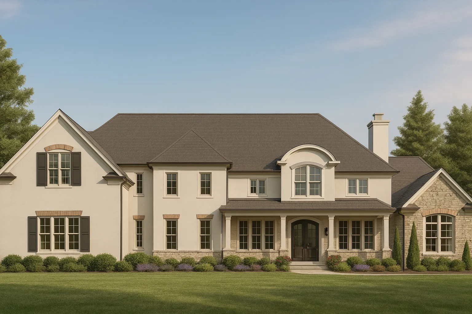 Front elevation of a French Country style home featuring stucco walls, stone accents, board-and-batten shutters, and a refined traditional architectural profile