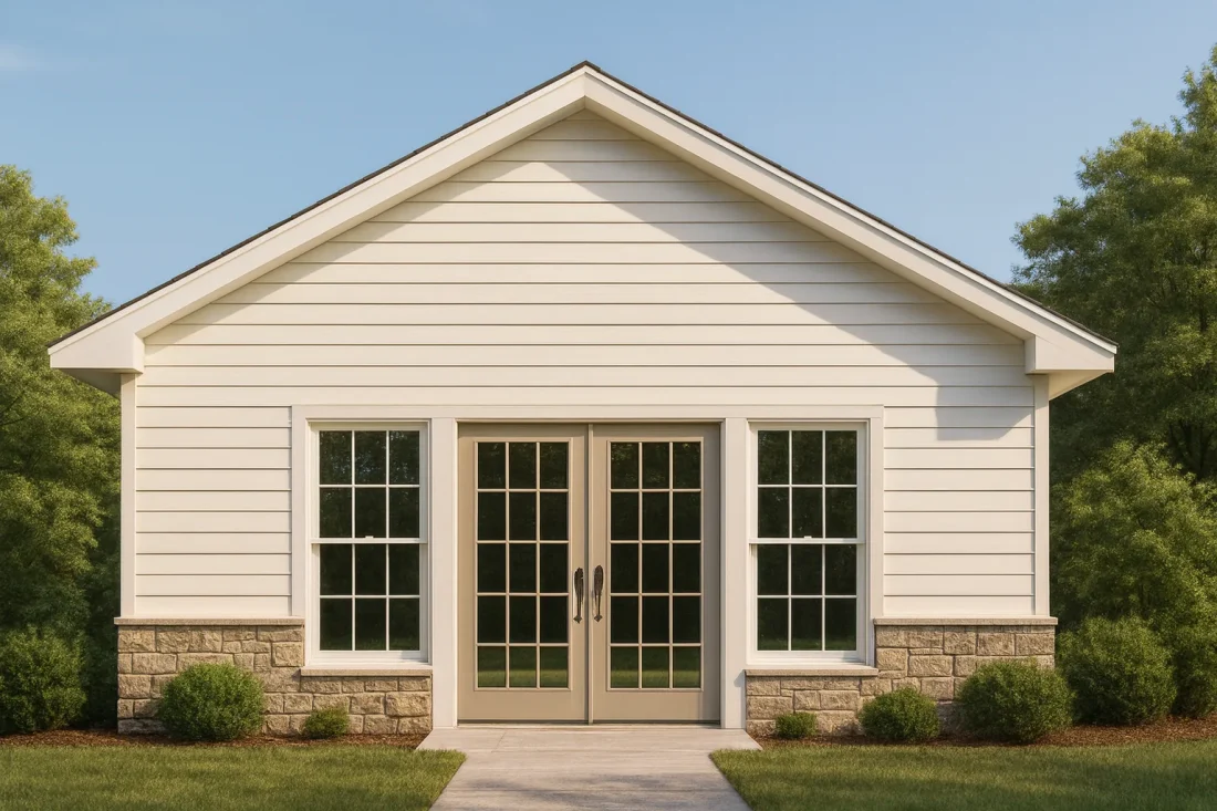 Front exterior view of a Cottage and Cape Cod style small workshop with horizontal lap siding, stone wainscot base, and centered glass double doors