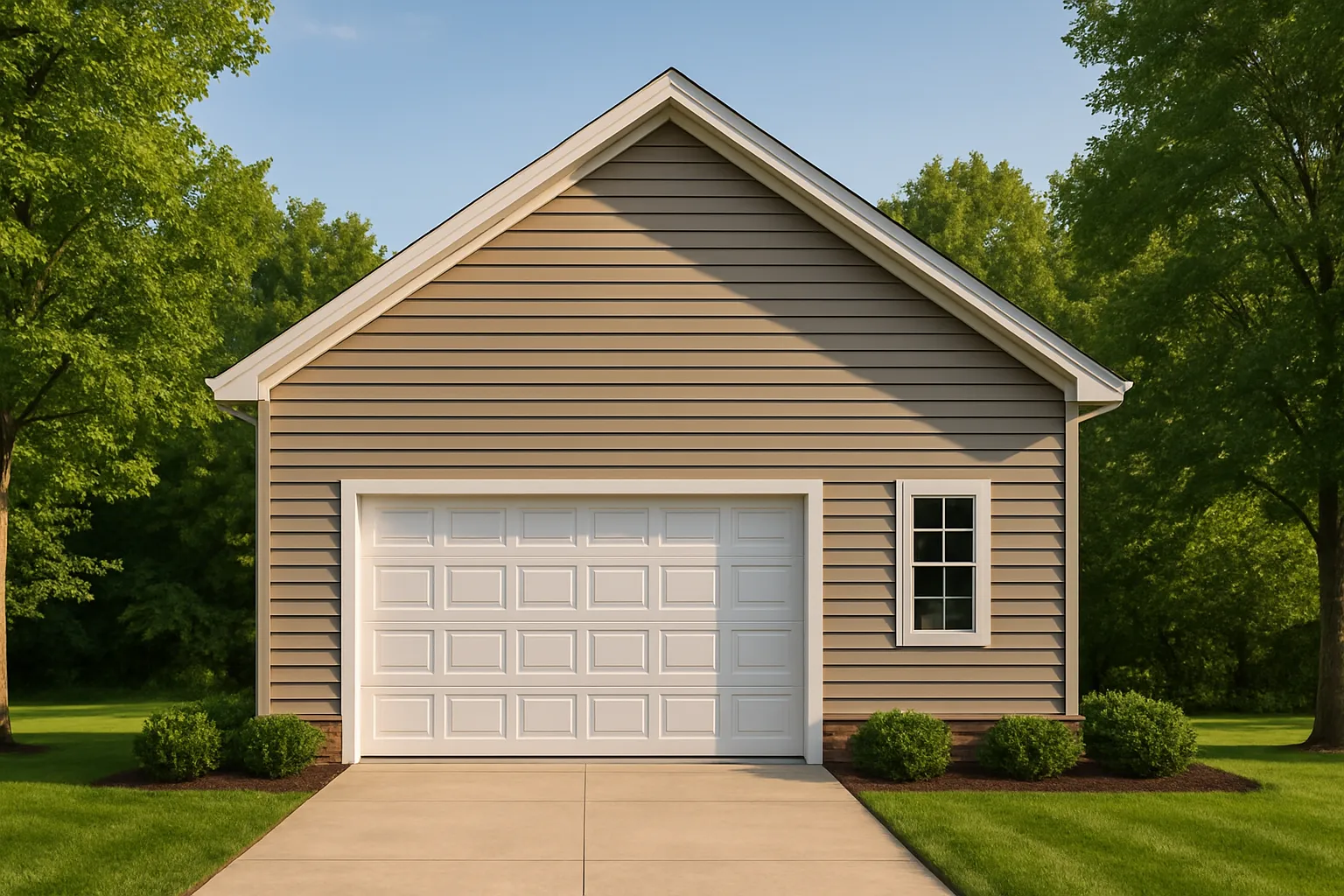 Front elevation of a Traditional Suburban garage with vinyl siding and simple ranch-style design