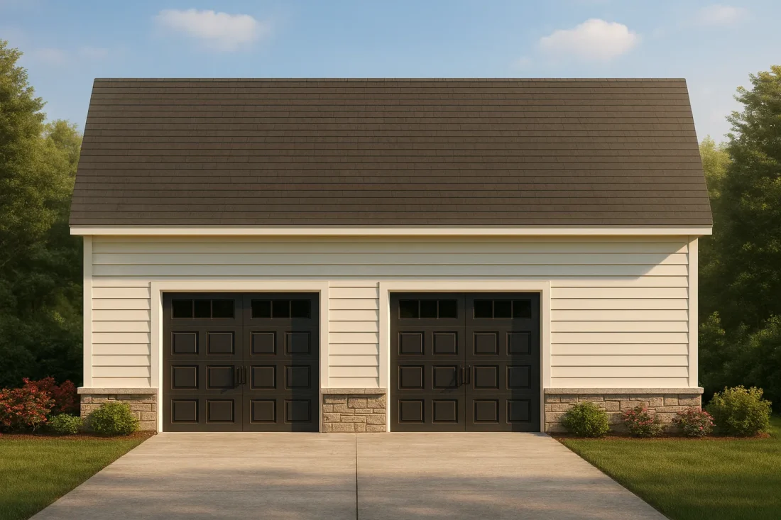 Front elevation of a traditional 2-car garage featuring horizontal siding and a stone wainscot exterior