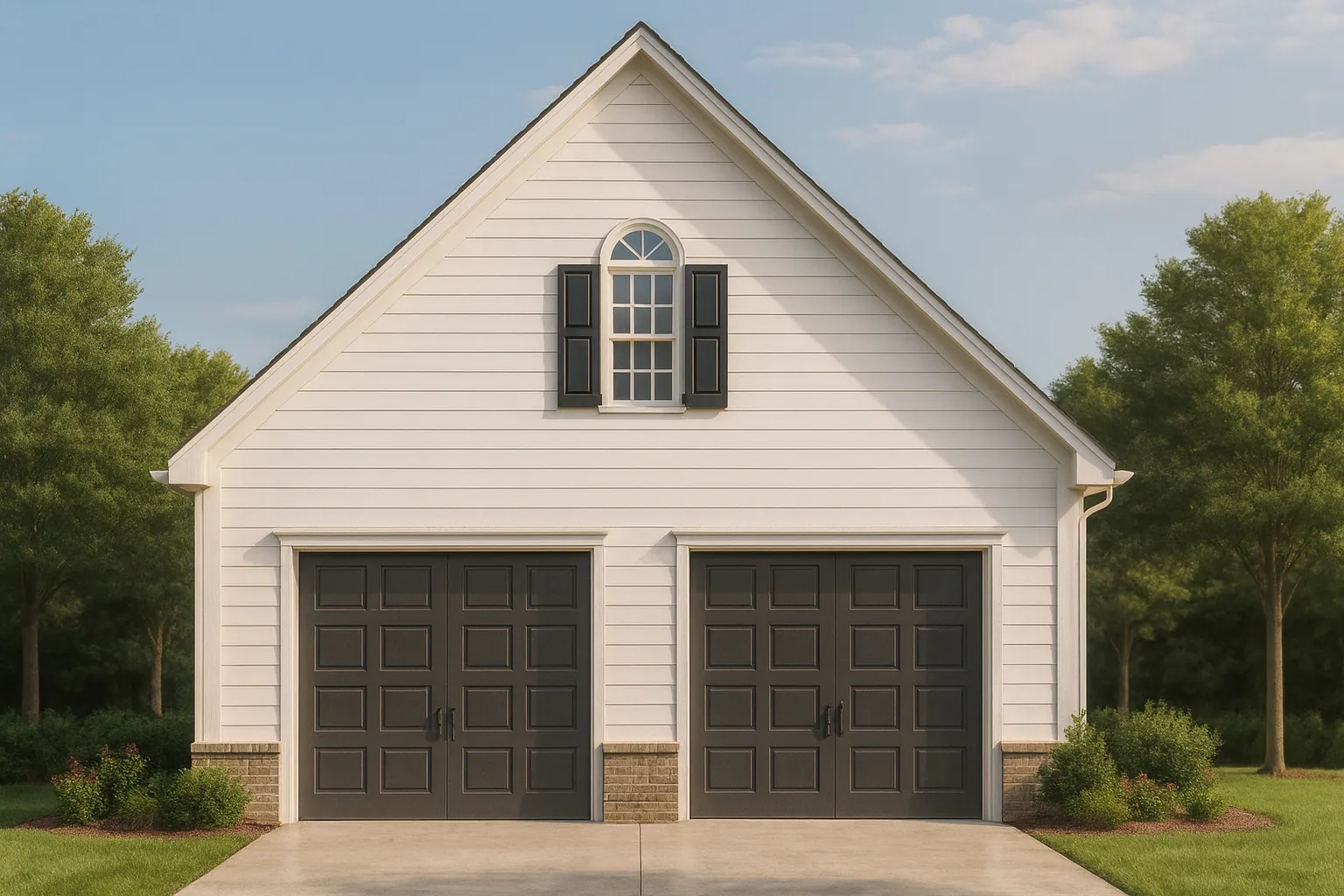 Front elevation of a traditional two-car garage featuring white horizontal siding, stone base accents, and symmetrical gable design