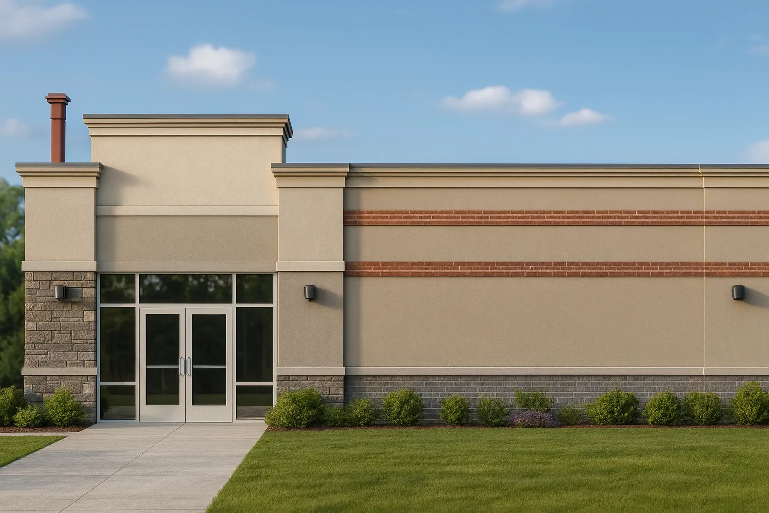 Front exterior view of a contemporary commercial building featuring stucco walls, horizontal brick accent bands, stone base, and glass entry doors