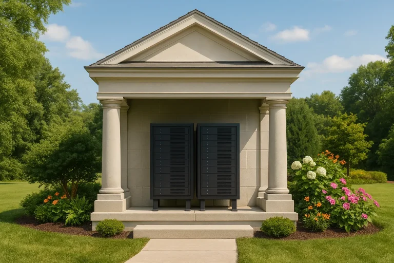 Front elevation of a small Neoclassical casita with smooth stucco exterior, classical columns, symmetrical façade, and formal garden setting