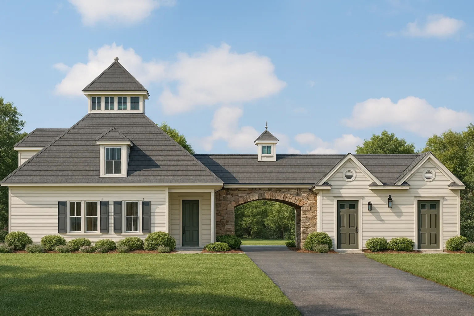 Front elevation of a Shingle Style Coastal Traditional house featuring shingle siding, stone accents, connecting breezeway, and symmetrical classic architecture