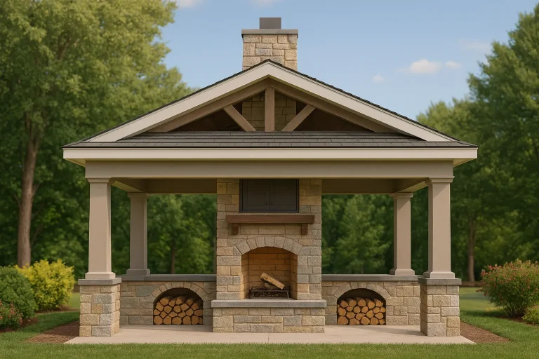 Craftsman-style pool house pavilion with natural stone exterior, exposed timber trusses, and outdoor fireplace