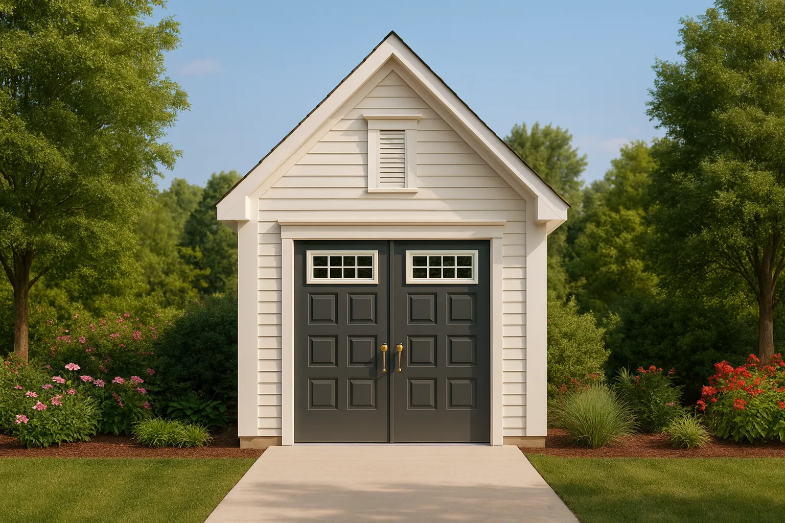 Front elevation of a Cape Cod Cottage style garage with horizontal siding, centered gable roof, and traditional carriage-style doors