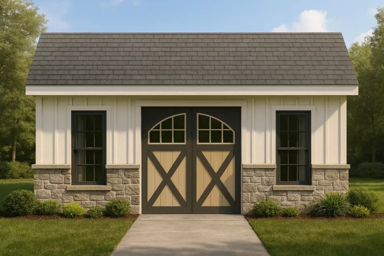 Front elevation of a modern farmhouse carriage house with board and batten siding, stone wainscot, and wood carriage-style doors