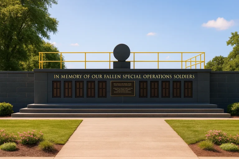 Front elevation of a Neoclassical memorial wall with symmetrical stone construction, recessed tribute panels, and a central sculptural sphere