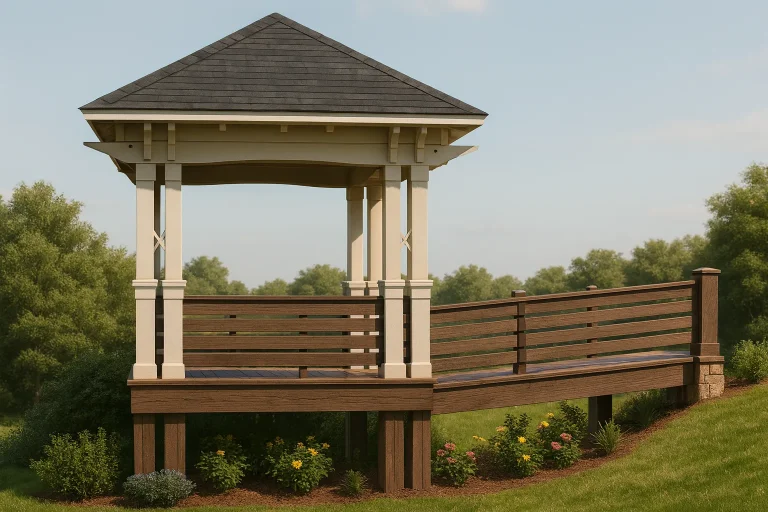 Craftsman style gazebo pavilion with wood posts, horizontal railings, elevated deck, and hipped roof in a landscaped setting