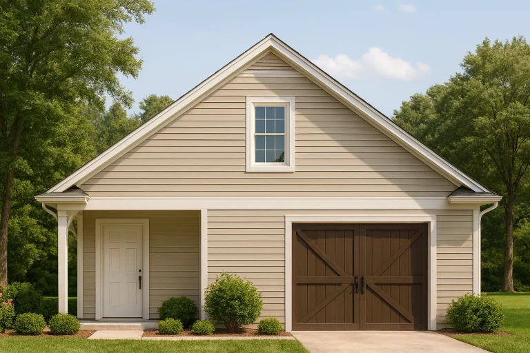 Front view of traditional carriage house style 1-car garage with horizontal lap siding, gable roof, and paneled wood garage door