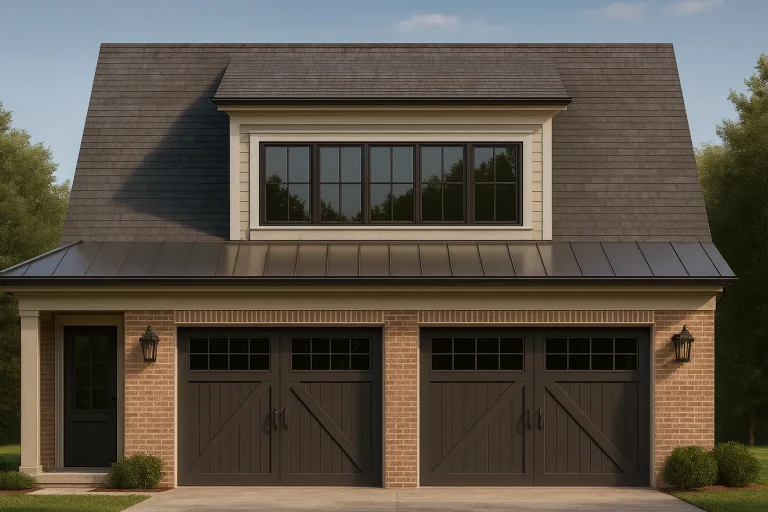 Front elevation of traditional brick carriage house garage with Colonial symmetry, centered dormer, and carriage-style double garage doors