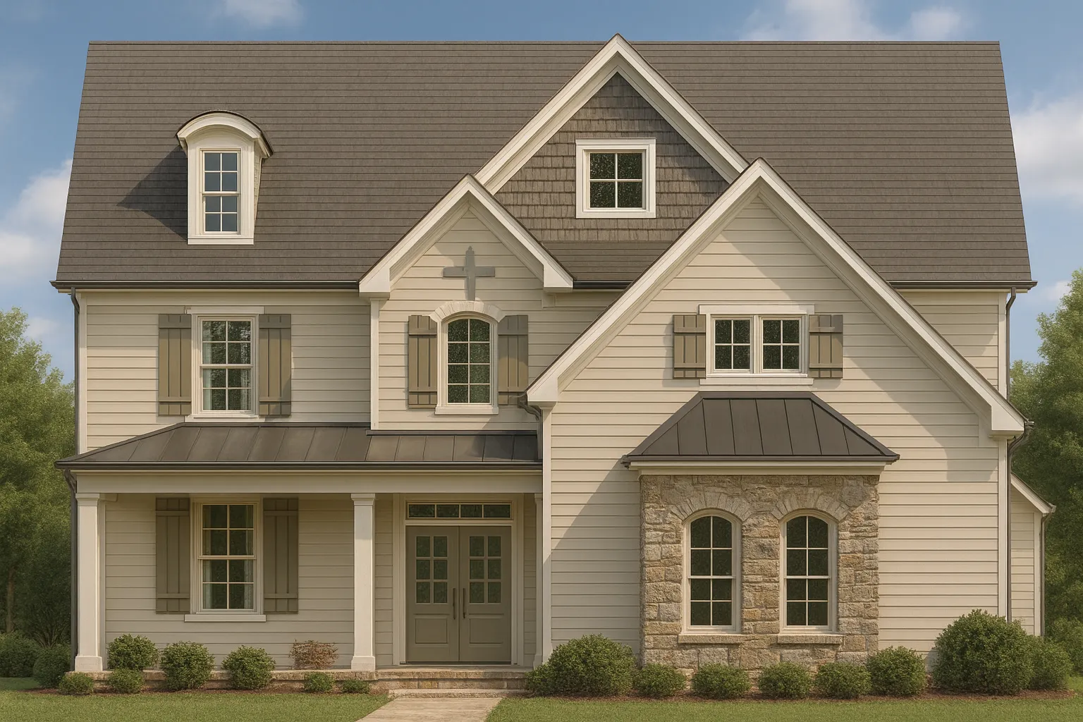 7 Bedroom House Plans 29 Front elevation of a Cape Cod Coastal Traditional home featuring horizontal siding, stone accents, gabled rooflines, and covered front porch