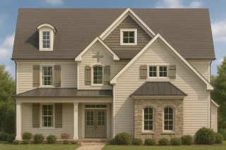 House Plans with Outdoor Fireplace 12 Front elevation of a Traditional Colonial Revival style home featuring light horizontal siding, stone accents, and dormer windows under a steep gable roof