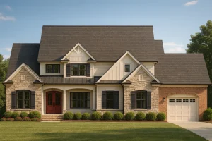 Front view of Traditional Craftsman Farmhouse featuring a blend of brick, stone, and board and batten siding with multi-gable rooflines and a welcoming front porch