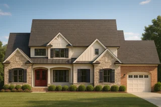 Front view of Traditional Craftsman Farmhouse featuring a blend of brick, stone, and board and batten siding with multi-gable rooflines and a welcoming front porch