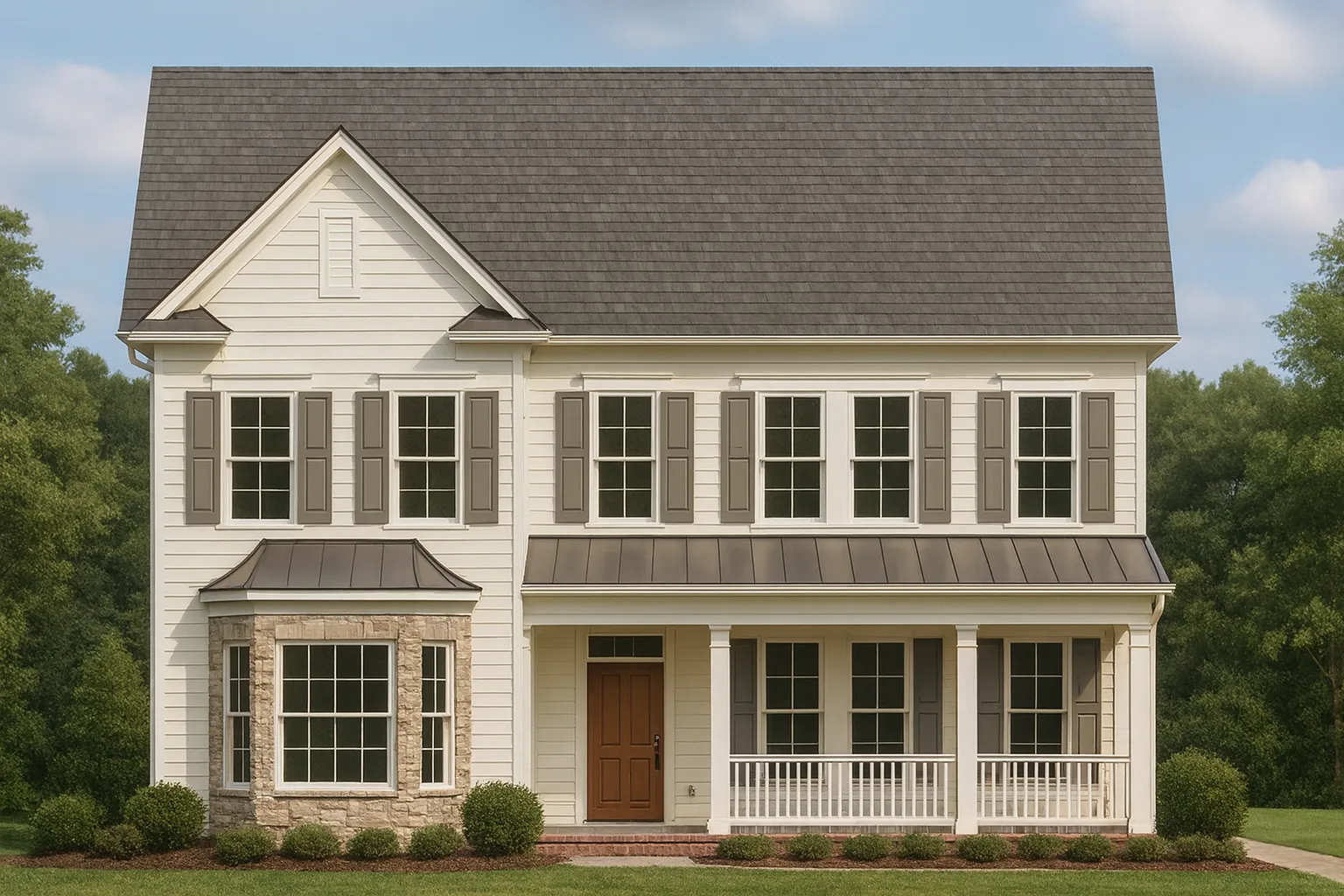 Front elevation of a Traditional Colonial style home featuring horizontal siding, stone accents, shutters, and a covered front porch