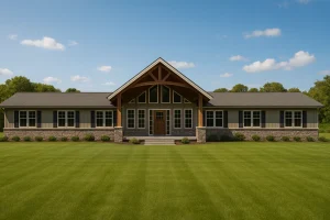 Front view of a Rustic Farmhouse Ranch style home with stone and horizontal siding, timber gable entry, and expansive lawn
