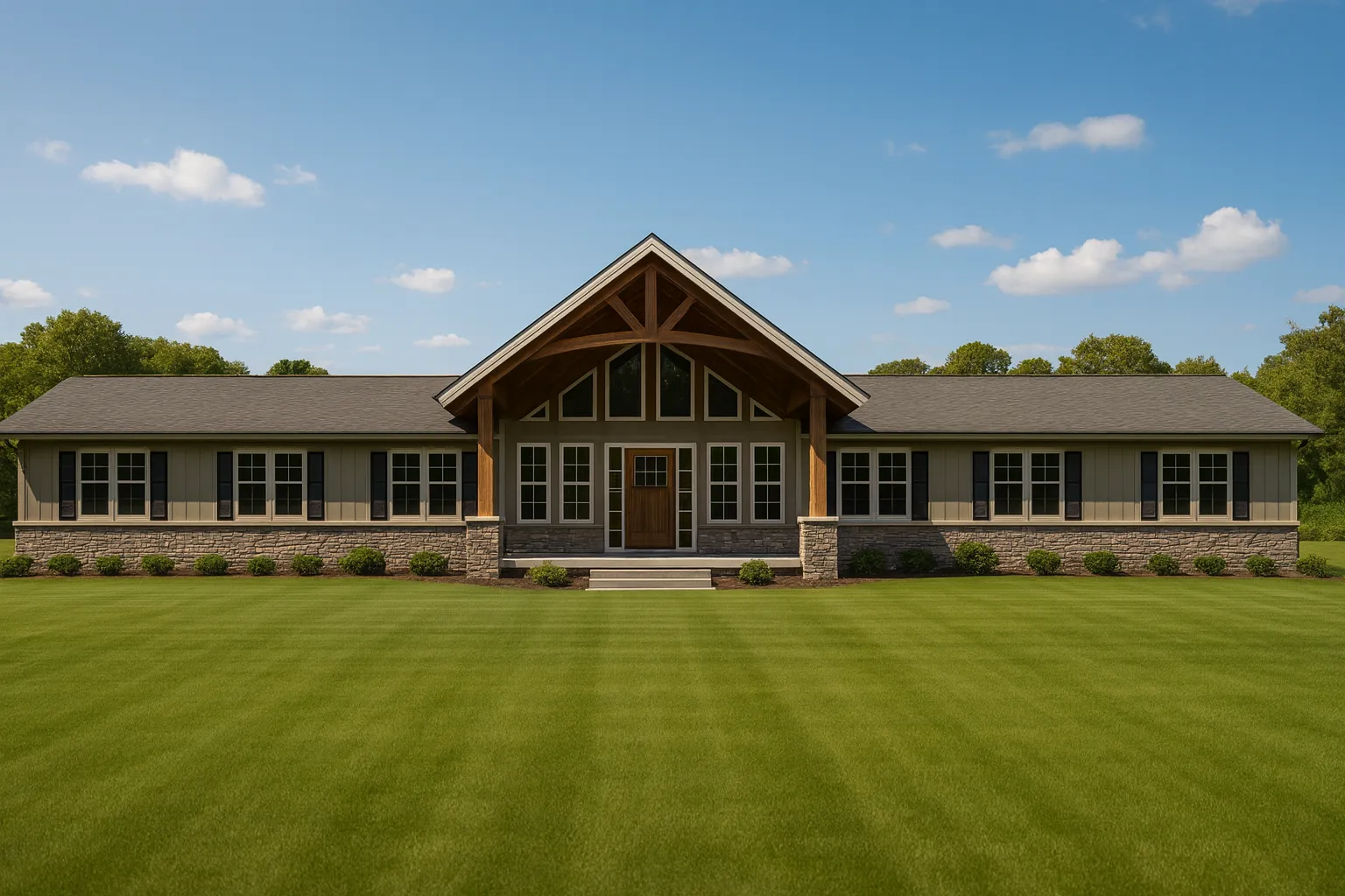 Front view of a Rustic Farmhouse Ranch style home with stone and horizontal siding, timber gable entry, and expansive lawn