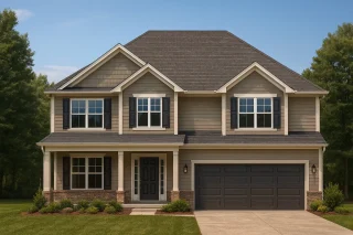 Front elevation of a Traditional Colonial home featuring beige horizontal siding, stone foundation accents, black shutters, and a welcoming covered porch entry.