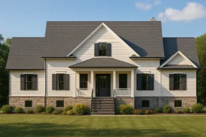 Front view of a Modern Farmhouse home with white board and batten siding, stone base, black metal roofing, and a welcoming covered porch