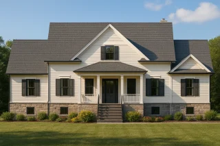 Front view of a Modern Farmhouse home with white board and batten siding, stone base, black metal roofing, and a welcoming covered porch