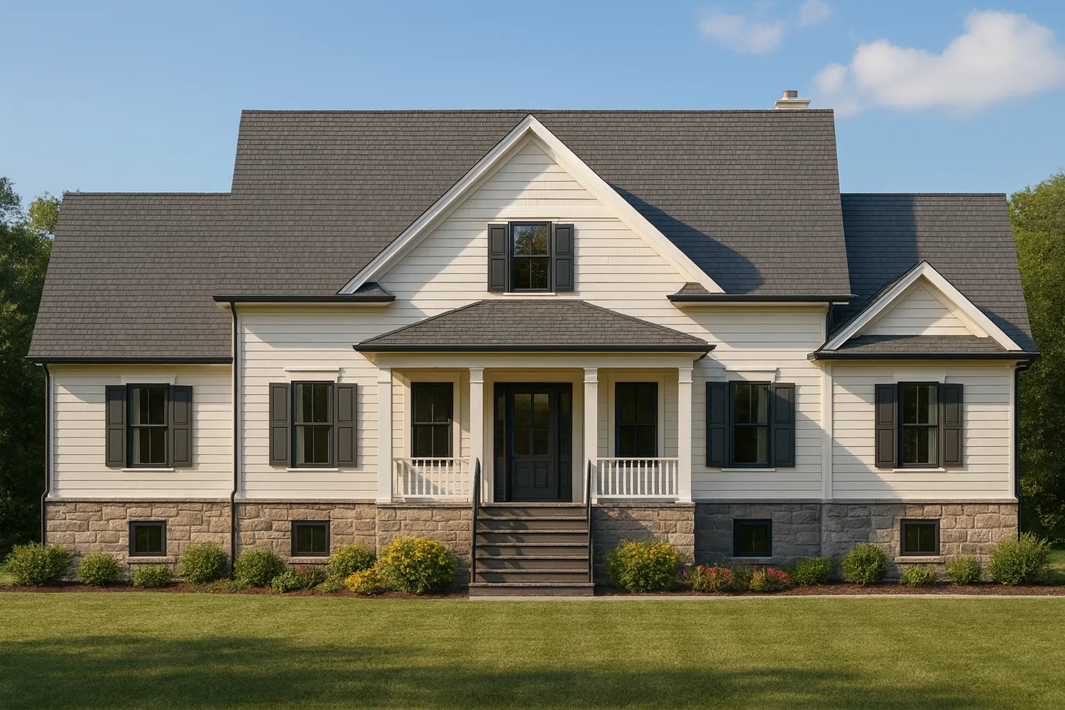 Front view of a Modern Farmhouse home with white board and batten siding, stone base, black metal roofing, and a welcoming covered porch