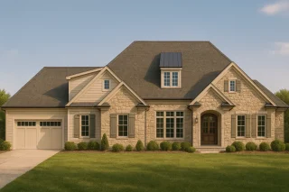 Elegant 2-Story House Plan with Brick Detailing and Bonus Room