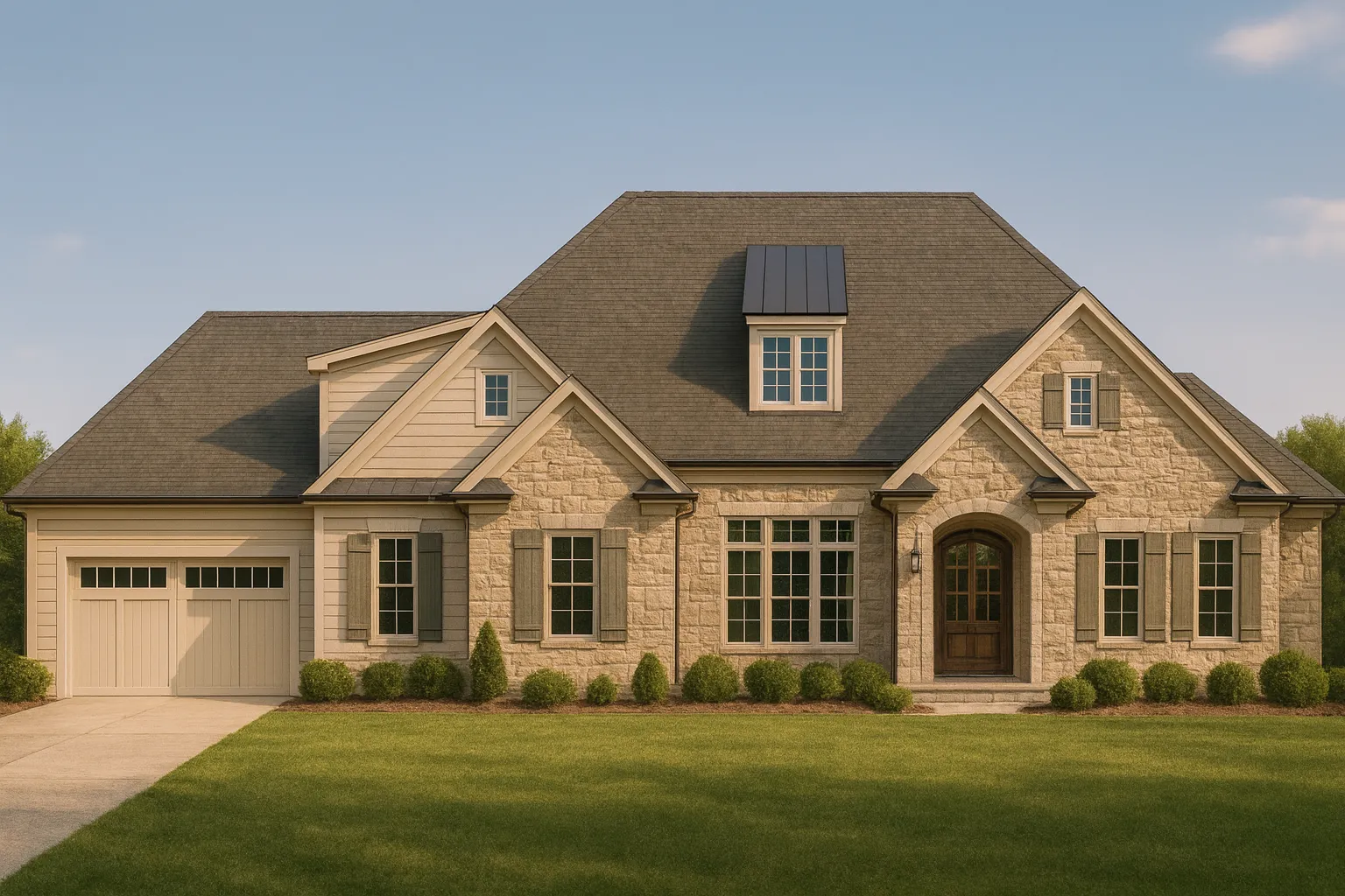 Front elevation of a French Country style home featuring stone exterior, symmetrical windows, steep rooflines, and refined European detailing