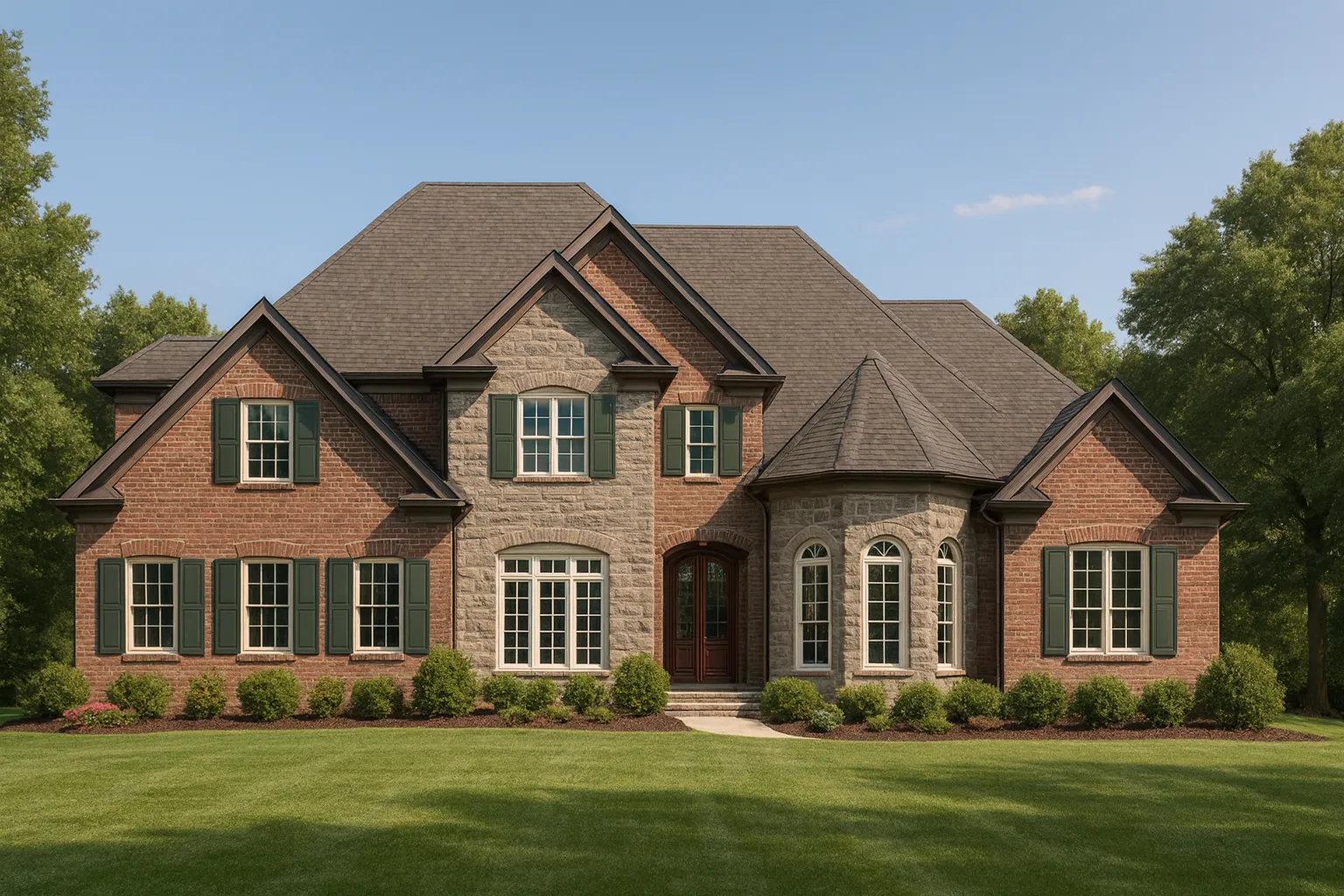 House Plans with Mudroom 9 Front elevation of a Traditional Colonial style home featuring brick and stone exterior, symmetrical windows, gabled rooflines, and classic entry
