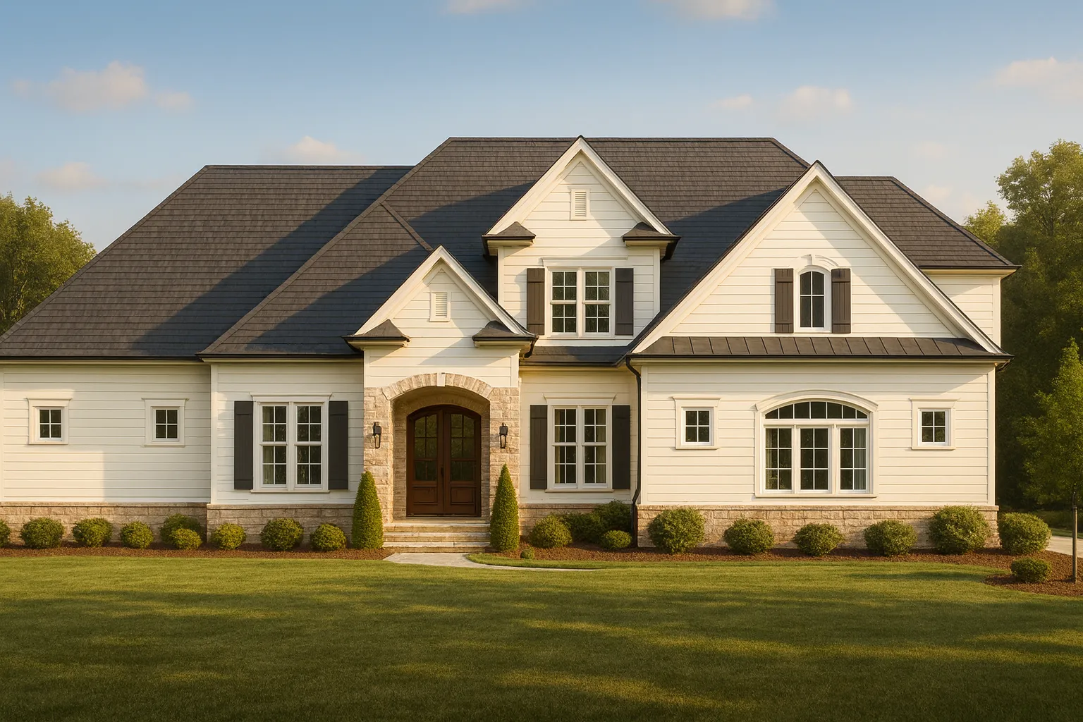 Front elevation of a Modern Farmhouse style home featuring white horizontal siding, stone entry accents, black shutters, and multiple gabled rooflines